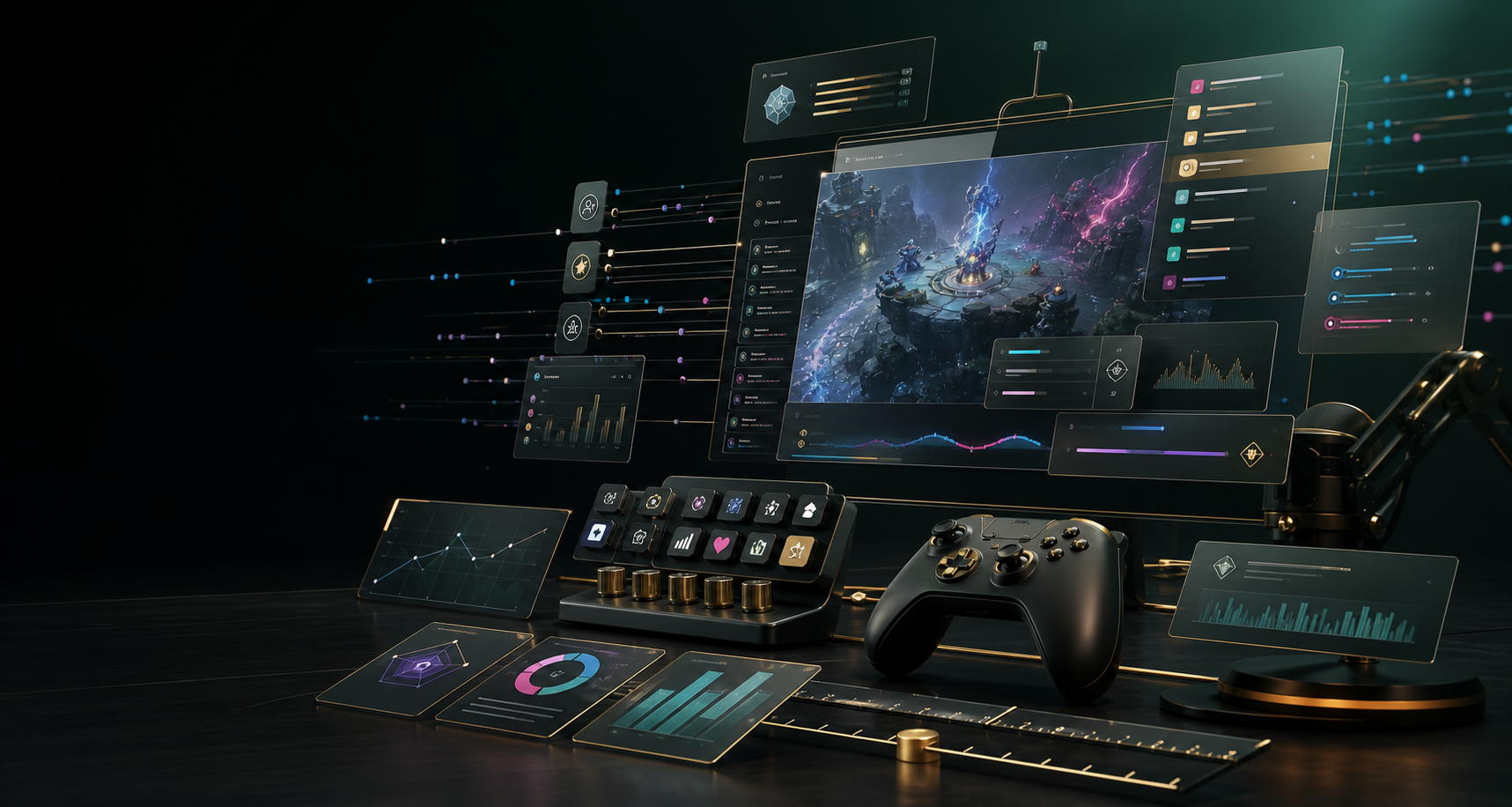 Abstract live-streaming interface with floating panels, game controls, analytics, and glowing audience interaction elements.